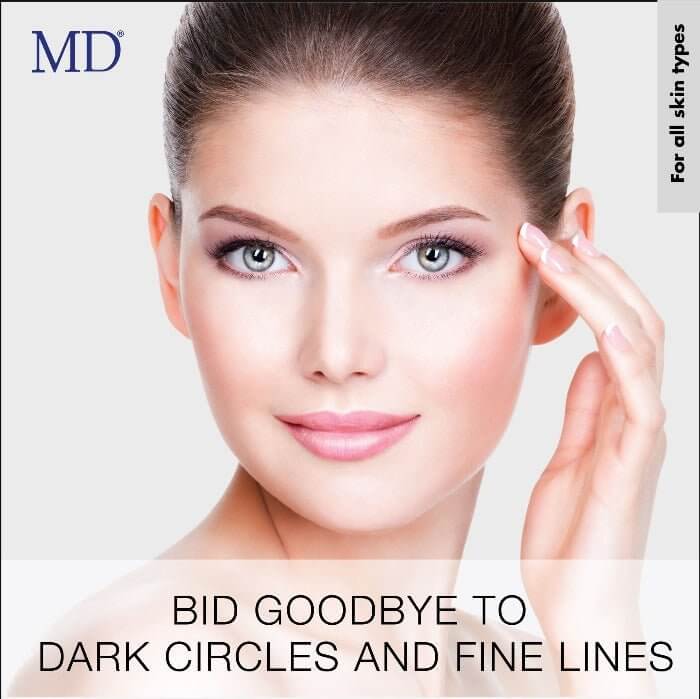 Beautiful woman with smooth under-eyes, showing MD Ultimate Eye Cream benefits for dark circles, fine lines, and radiant skin in MD Skin line