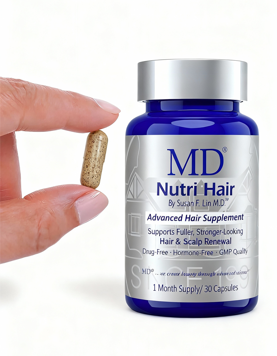 MD Nutri Hair™ bottle with capsule size comparison — physician-formulated drug-free hair growth supplement by Dr. Susan Lin, M.D., the clean-label MD® alternative to Nutrafol