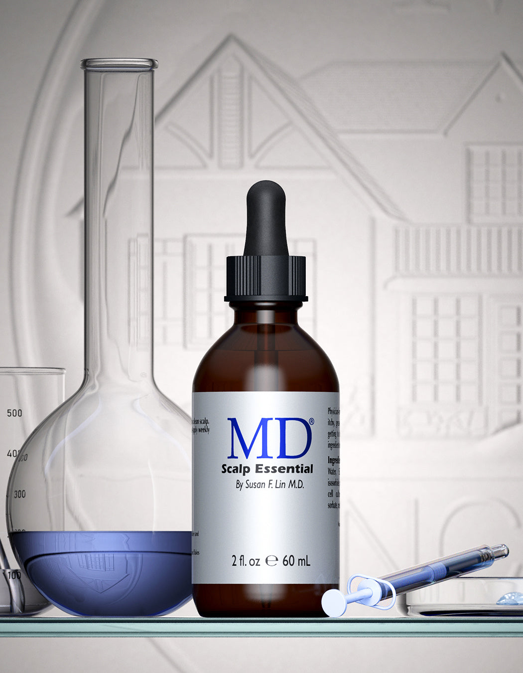 MD Scalp Essential bottle in front of box, anti-itch scalp serum for oily scalp and hair support in the MD Hair collection