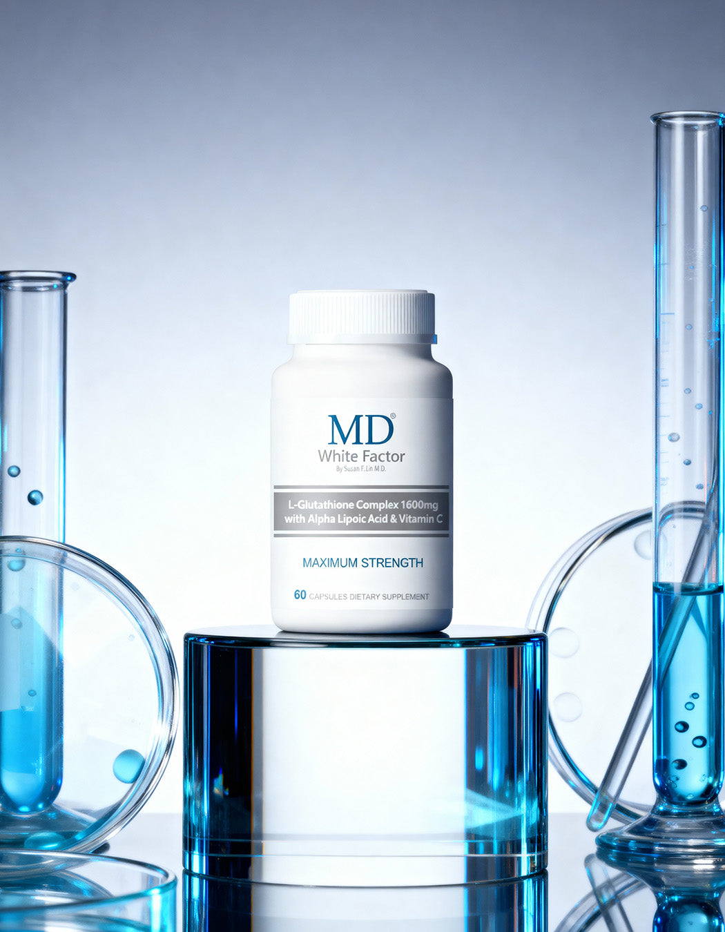 A high-end morning wellness ritual featuring skin brightening capsules and hydration for daily glow.