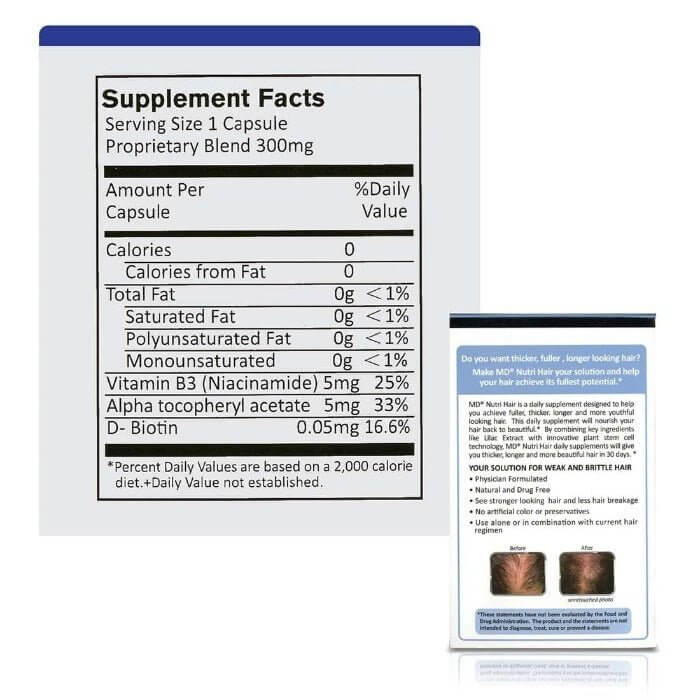 MD Nutri Hair from MD Hair Collection—Supplement Facts and usage directions for hair growth and scalp anti-aging support



